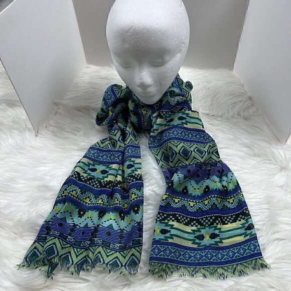 COPPER KEY Scarf Shawl Body Wrap 72" x 20 1/2" Fringe Blue Yellow - Picture 1 of 5